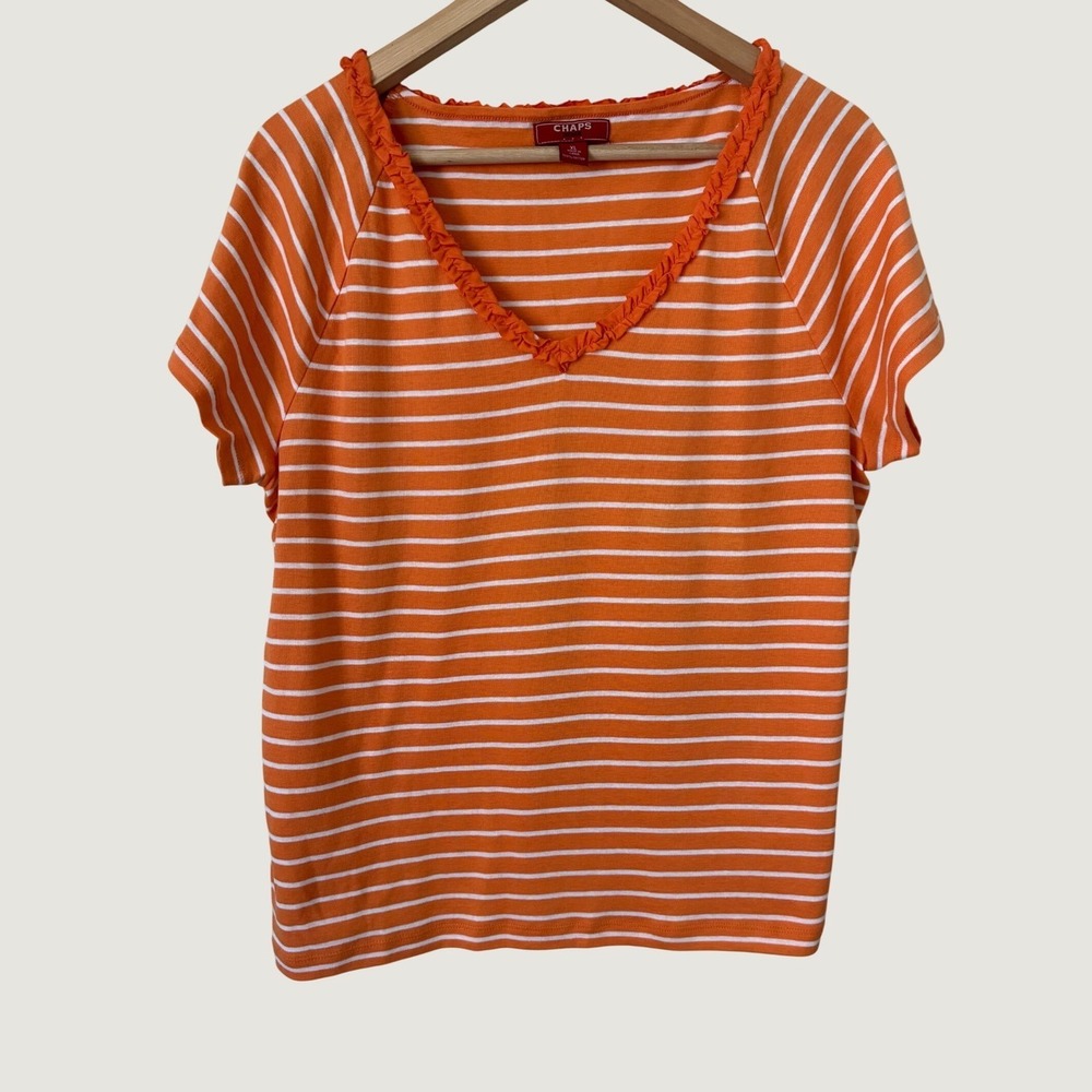 Chaps Denim Orange White Striped Ruffle V-Neck Cotton Tee Shirt Womens XL